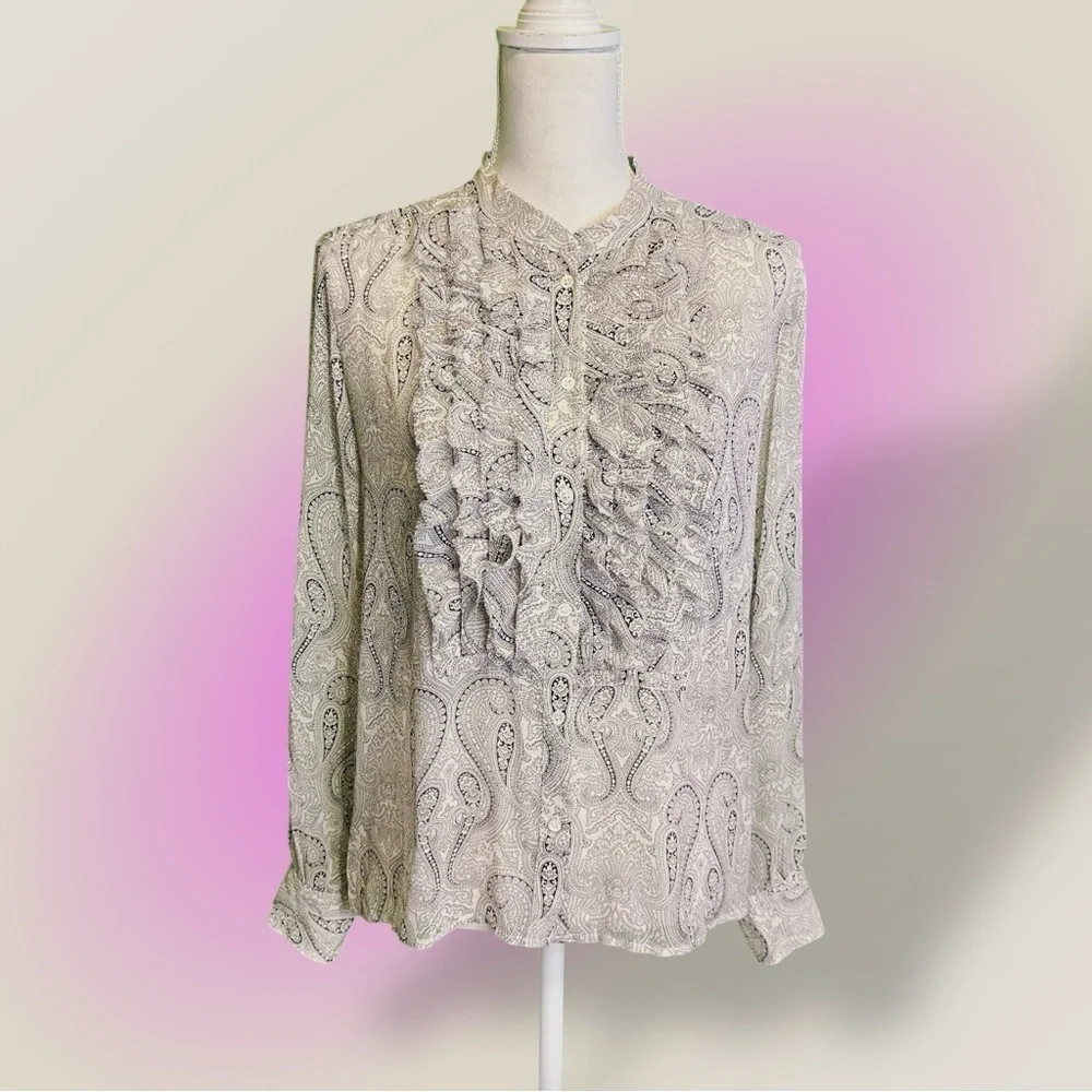 J. Crew 100% Silk ‘Faded Paisley Flouncette Blouse’ in White & Black Size 6
